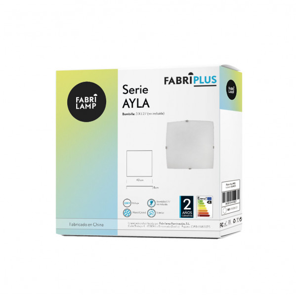 Caja de producto blanca para lampara de techo Fabrilamp Serie Ayla con marca y especificaciones.