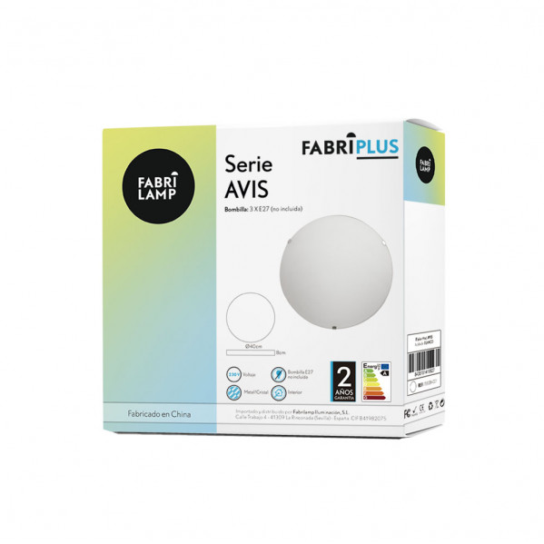 Envase de producto para plafón Fabrilamp Serie Avis con detalles técnicos y marca.
