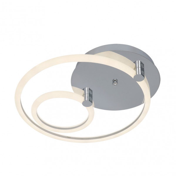 Lámpara de techo moderna con dos aros de acrílico blanco y base redonda cromada.