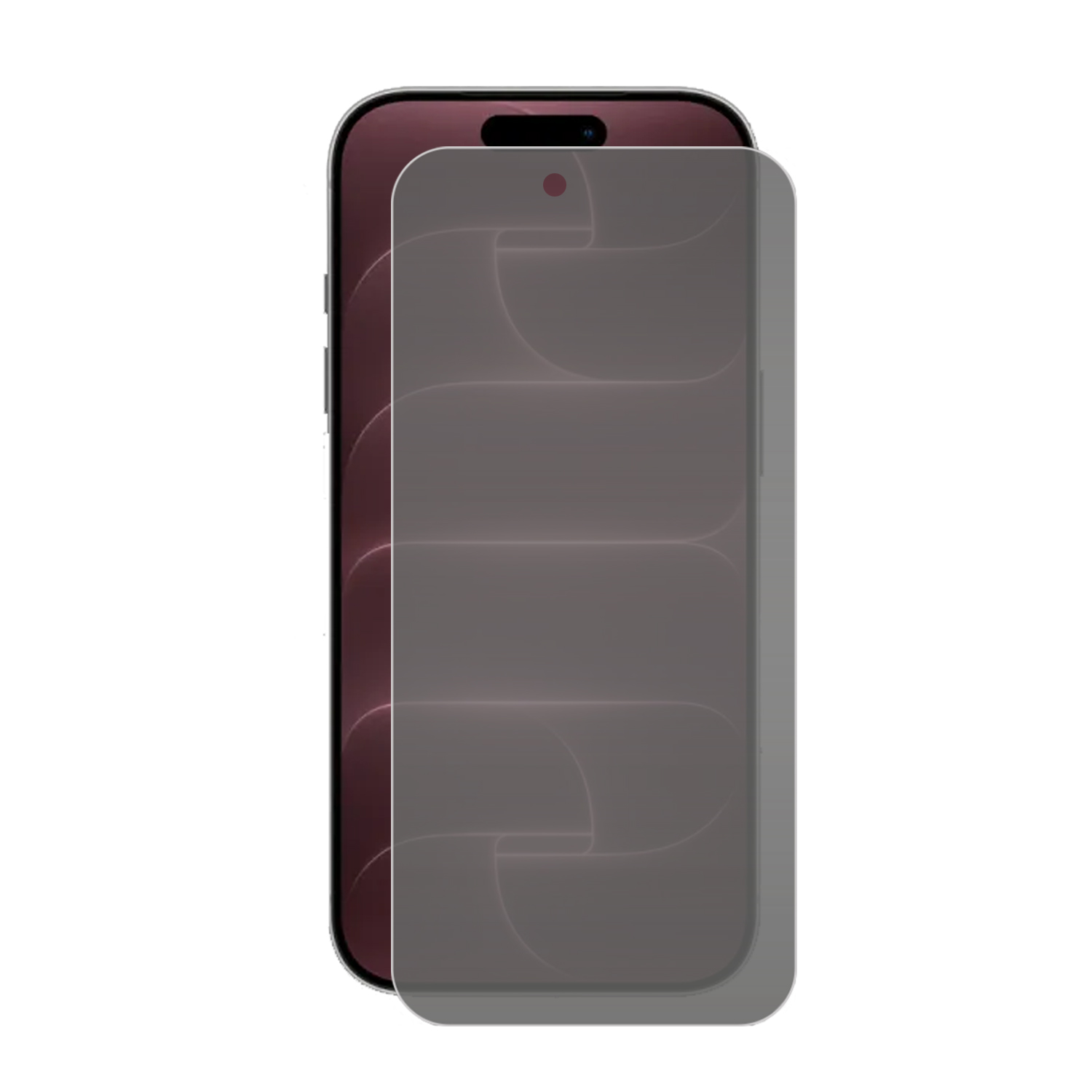 Een donkerrode smartphone met een doorzichtige beschermfolie op het scherm.