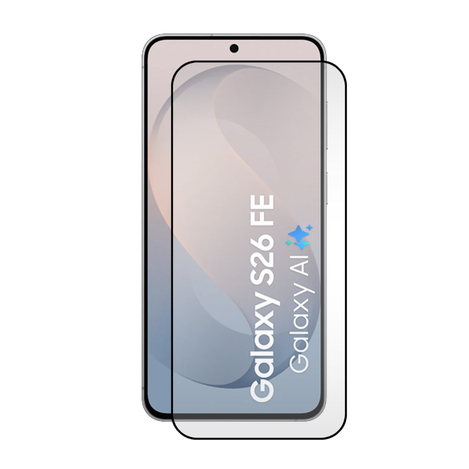 Smartphone Galaxy S26 FE affichant le texte Galaxy AI, avec un verre de protection.