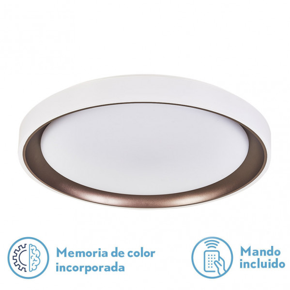 Plafón redondo blanco con anillo interior bronce, memoria de color y mando a distancia.
