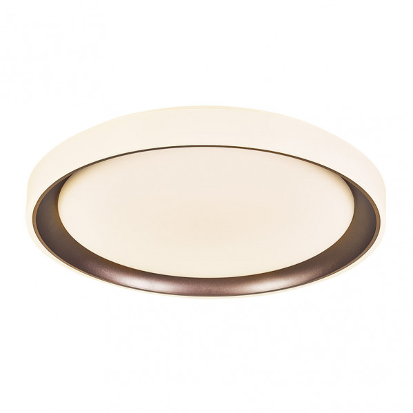 Una lámpara de techo moderna y plana con diseño redondo, difusor blanco y anillo de metal marrón oscuro sobre fondo blanco.