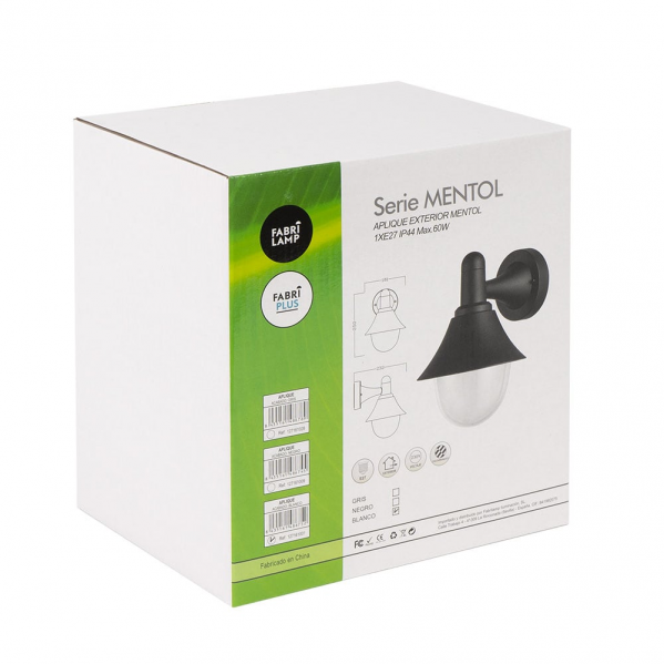 Una caja de producto blanca con detalles verdes muestra diagramas y detalles de un aplique de pared exterior negro.