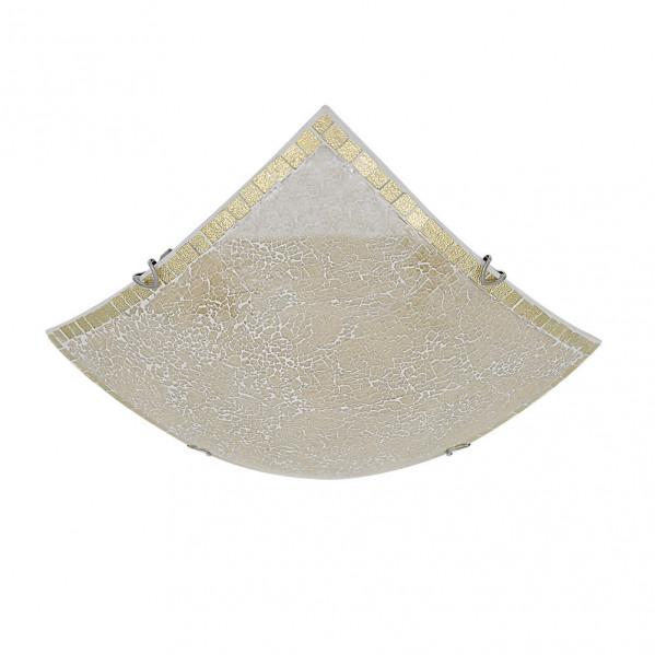 Lámpara de pared de vidrio con mosaico beige y borde dorado sobre fondo blanco.