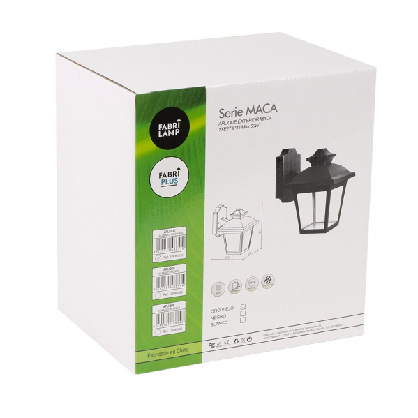 Una caja de embalaje blanca muestra luces de exterior Fabrilamp Maca con dibujos de productos y códigos de barras.
