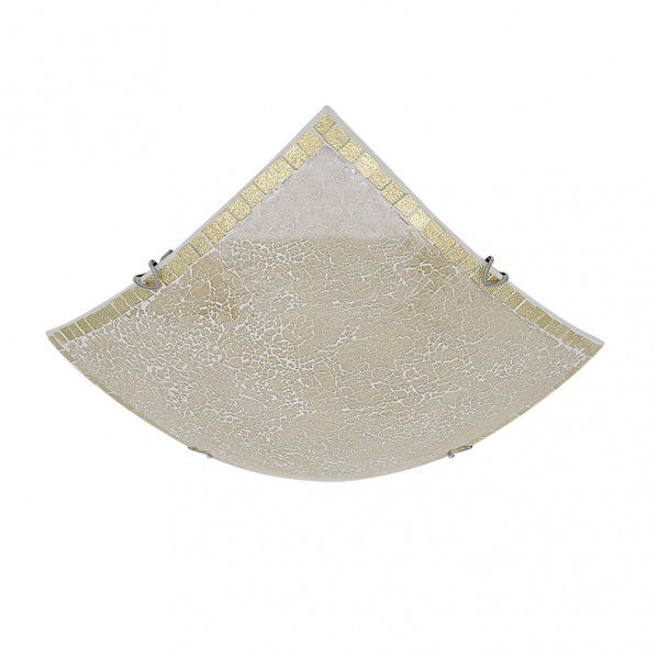 Lámpara de pared angular con patrón de mosaico beis y borde dorado sobre fondo blanco.