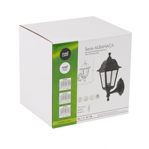 Caja de producto blanca para un aplique exterior Serie ALBAHACA con imagen y códigos de barras.