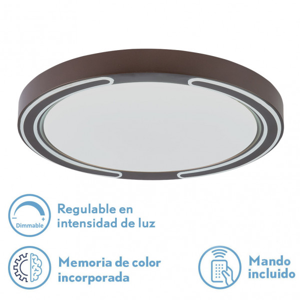 Plafón LED redondo marrón con funciones de regulación y mando.