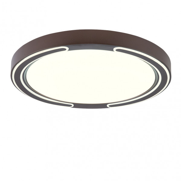Lámpara de techo redonda de marrón oscuro con centro blanco y anillos luminosos sobre fondo blanco.