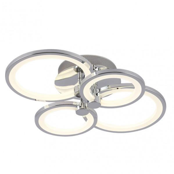 Lámpara de techo moderna de cromo con cuatro anillos iluminados.