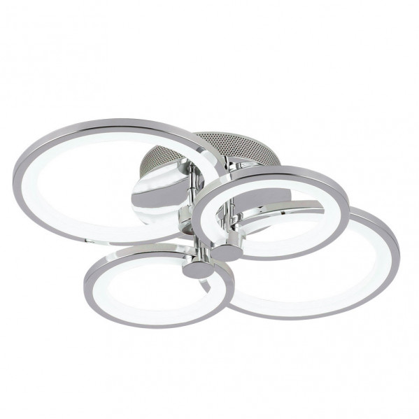Lámpara de techo moderna con cuatro aros cromados entrelazados y luces LED integradas sobre fondo blanco.