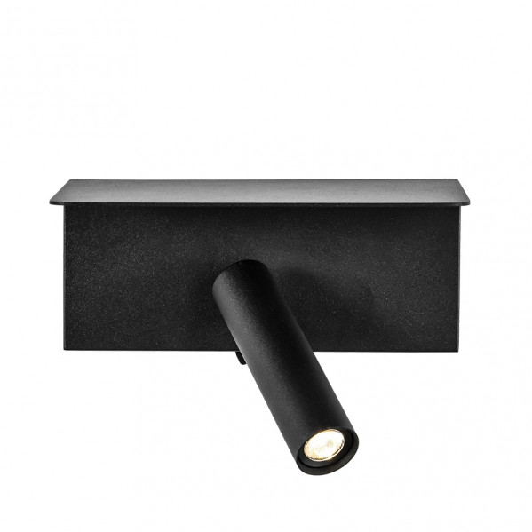 Un aplique de pared negro con base rectangular y foco cilíndrico ajustable hacia abajo.