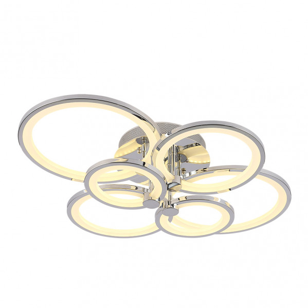 Lámpara de techo moderna con anillos cromados e iluminación LED integrada.