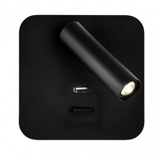 Lámpara de pared cuadrada negra con foco ajustable y puerto USB integrado sobre fondo blanco.