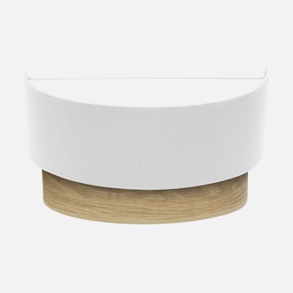 Un mostrador blanco semicircular con una base de madera marrón clara sobre un fondo blanco.