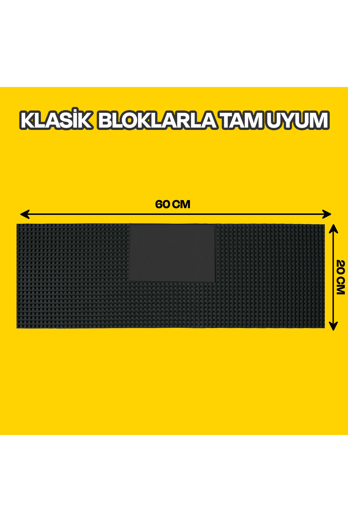 Siyah yapi blogu tabani, 60x20 cm, saru arkaplan ve metin ile.