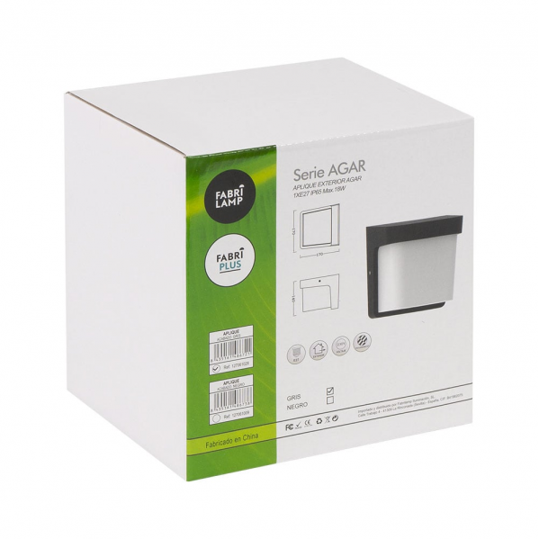 Embalaje de producto blanco para luces de exterior Serie AGAR con detalles verdes e información impresa.