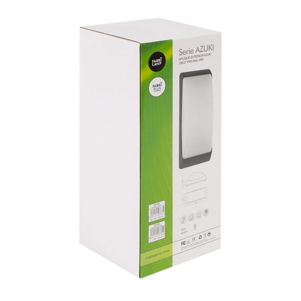Una caja blanca de aplique de exterior Fabrilamp Azuki con imágenes de productos y logotipos.