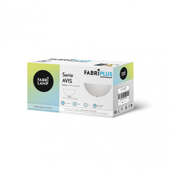 Una caja blanca y azul para la lámpara Fabrilamp Avis, con detalles del producto y logotipo.