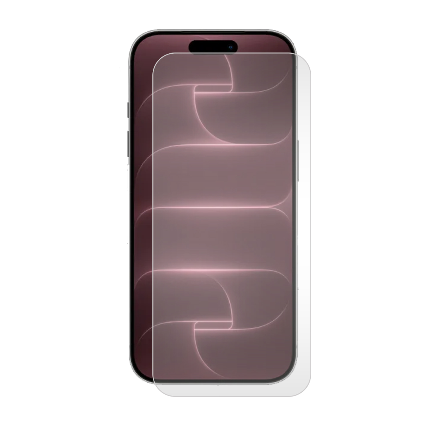 Un smartphone avec un protecteur d'écran transparent sur son écran rose sur fond blanc.