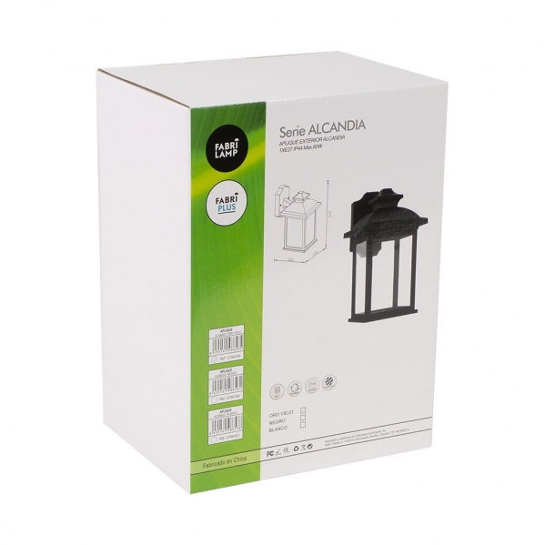 Una caja de embalaje blanca con un lado verde muestra imágenes y datos técnicos de un aplique de pared exterior negro.