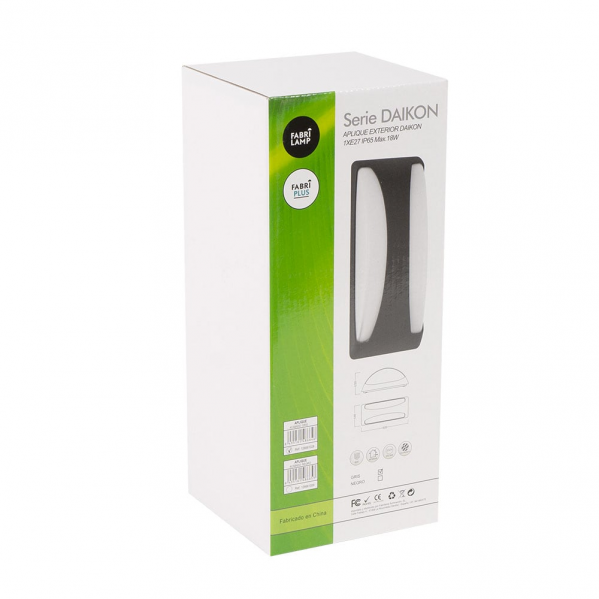 Una caja de embalaje de producto blanca y verde para el aplique de exterior Fabrilamp Serie Daikon.