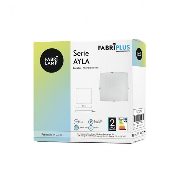 Embalaje de producto de la serie Ayla de Fabrilamp con imagen del producto y detalles técnicos sobre fondo blanco.
