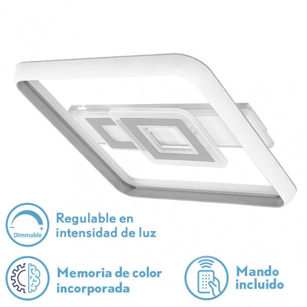 Lámpara de techo cuadrada blanca moderna, regulable, con memoria de color y mando incluido.