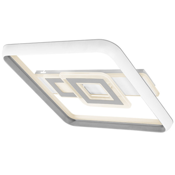Moderna lámpara de techo LED cuadrada blanca y gris sobre fondo blanco.