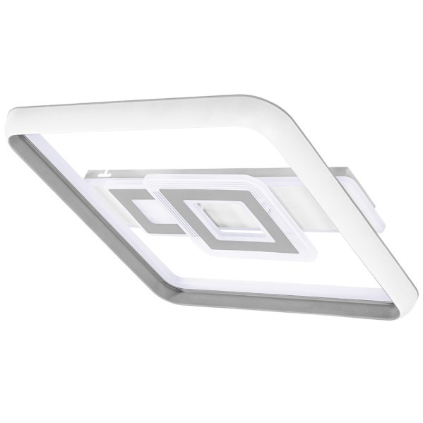 Una lámpara de techo moderna cuadrada en blanco y gris con patrones geométricos sobre fondo blanco.