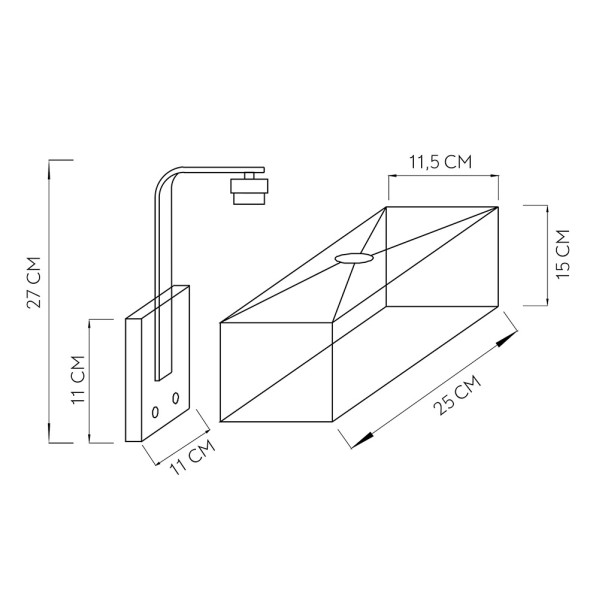 Dibujo técnico de un aplique de pared con dimensiones en centímetros.