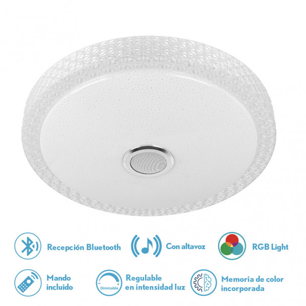 Lámpara de techo LED blanca con patrón, altavoz central e iconos de Bluetooth, RGB, regulable y control remoto.