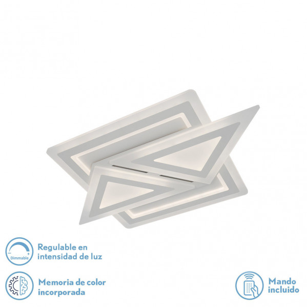 Una lámpara de techo blanca y moderna con formas geométricas, regulable y con iconos de control remoto.