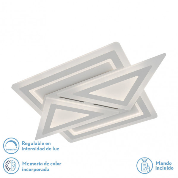 Lámpara de techo blanca moderna con elementos de luz triangulares y rectangulares superpuestos sobre fondo blanco.