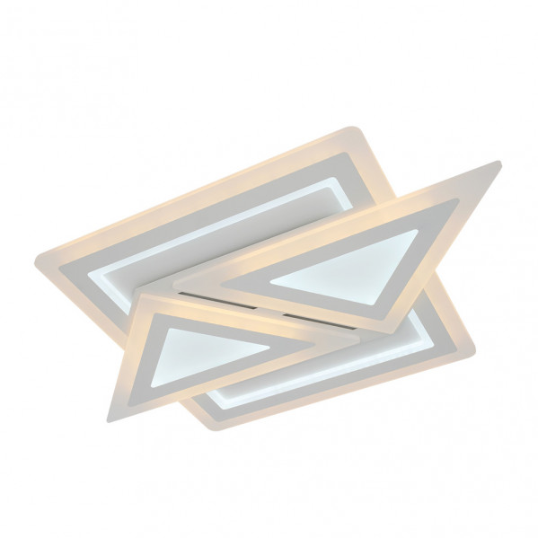 Una lámpara de techo blanca moderna con formas geométricas y tiras de LED brillantes sobre fondo blanco.