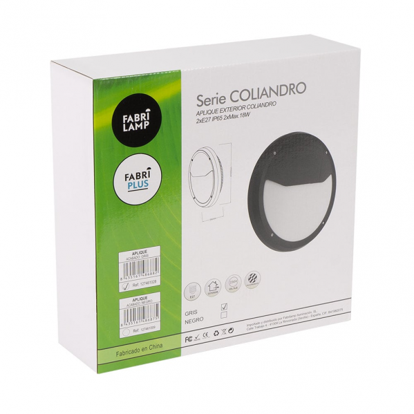 Una caja de producto blanca y verde para la luz exterior Fabrilamp Coliandro.