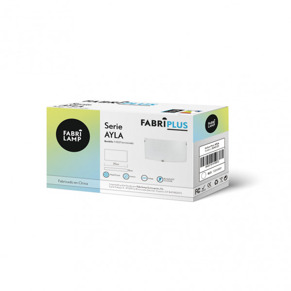 Una caja blanca de Fabrilamp Serie Ayla con logotipos, detalles del producto y un código de barras sobre fondo blanco.