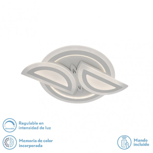 Lámpara de techo blanca moderna con luz regulable e iconos de control remoto.