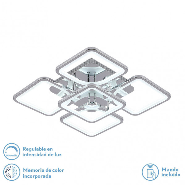 Lámpara de techo LED moderna de cromo y blanco con cuatro marcos cuadrados e iconos de regulación, memoria y mando.