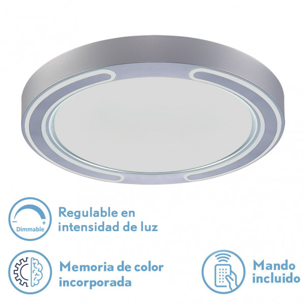 Plafón LED redondo plateado con iconos de intensidad regulable, memoria de color y mando incluido sobre fondo blanco.