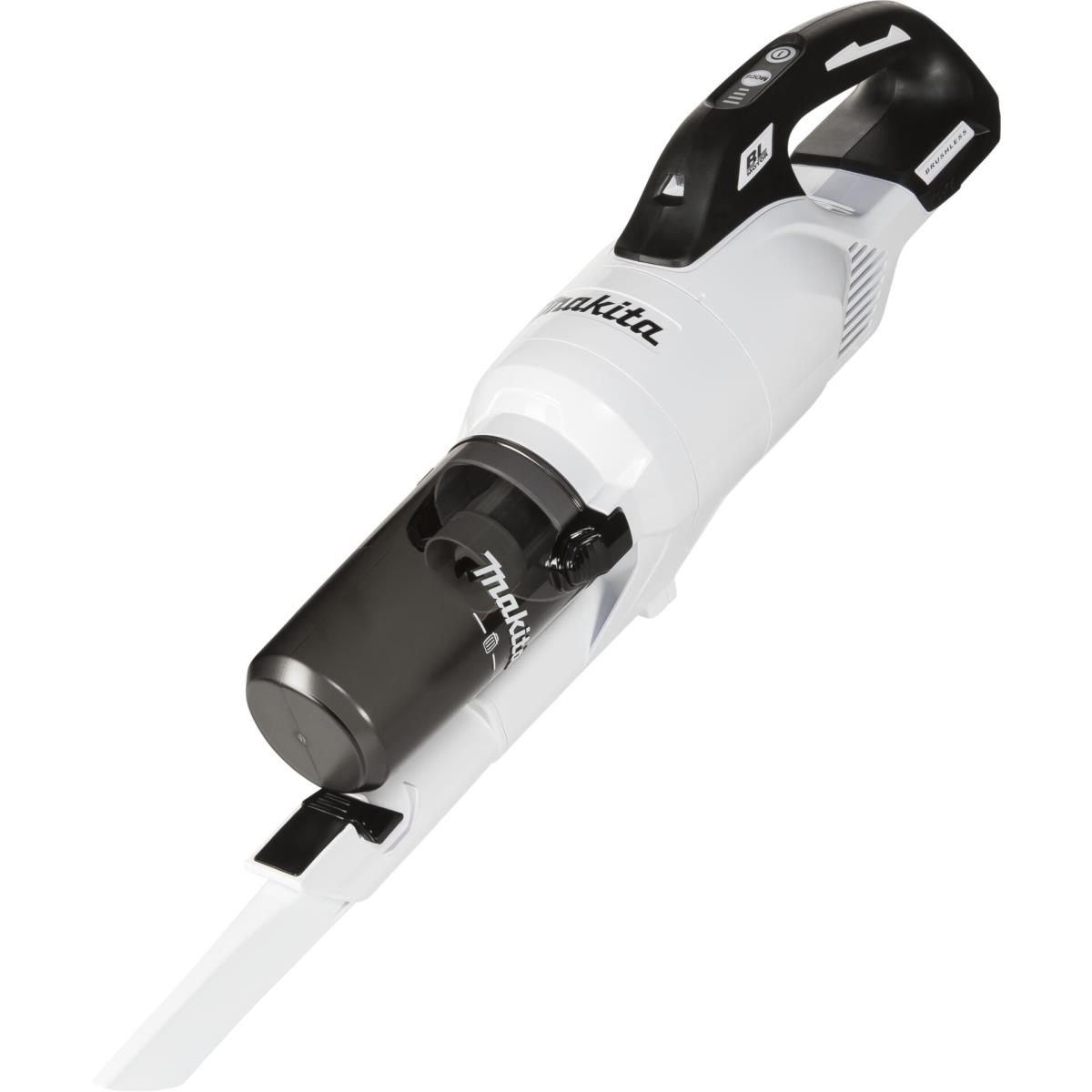 Un aspirapolvere portatile cordless Makita bianco e nero con accessorio ciclonico su sfondo bianco.
