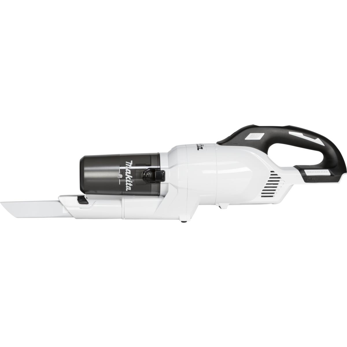 Un aspirapolvere portatile cordless Makita bianco con manico nero e contenitore della polvere traslucido.