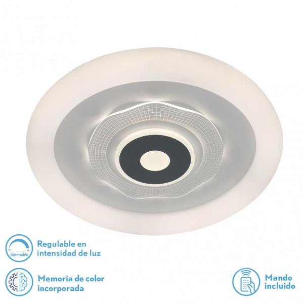 Lámpara de techo LED redonda con anillo negro central, patrón de cuadrícula e iconos de regulación, memoria y mando.