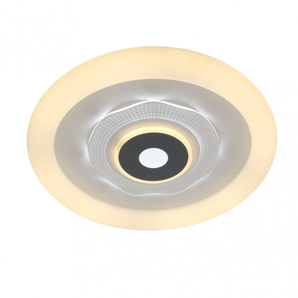 Una lámpara de techo LED moderna y redonda con anillos de luz cálida y blanca y un centro circular oscuro.