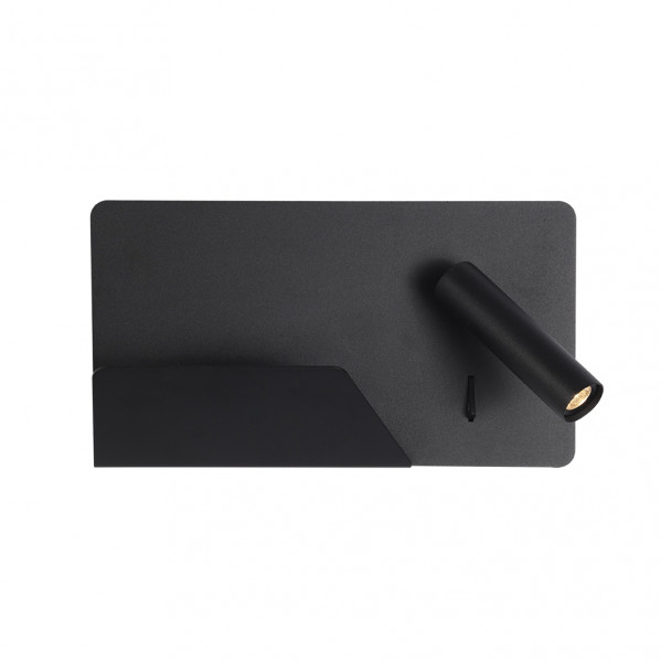 Una lámpara de pared negra con placa rectangular, estante integrado y foco cilíndrico ajustable.