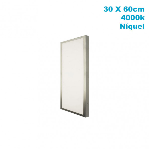 Un panel de luz LED rectangular de níquel, 30x60cm, 4000k, aislado en blanco con texto azul.