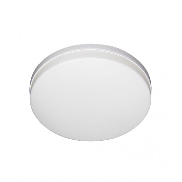Una lámpara de techo blanca y redonda simple con cubierta de acrílico transparente sobre fondo blanco.
