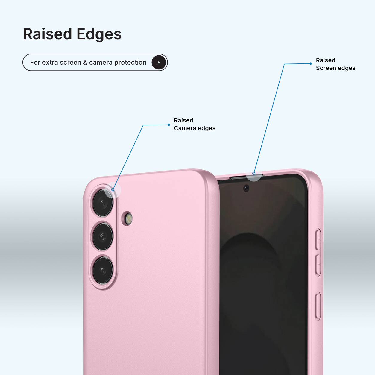 Smartphone rose dans une coque, montrant les bords surélevés pour protéger l'écran et la caméra.