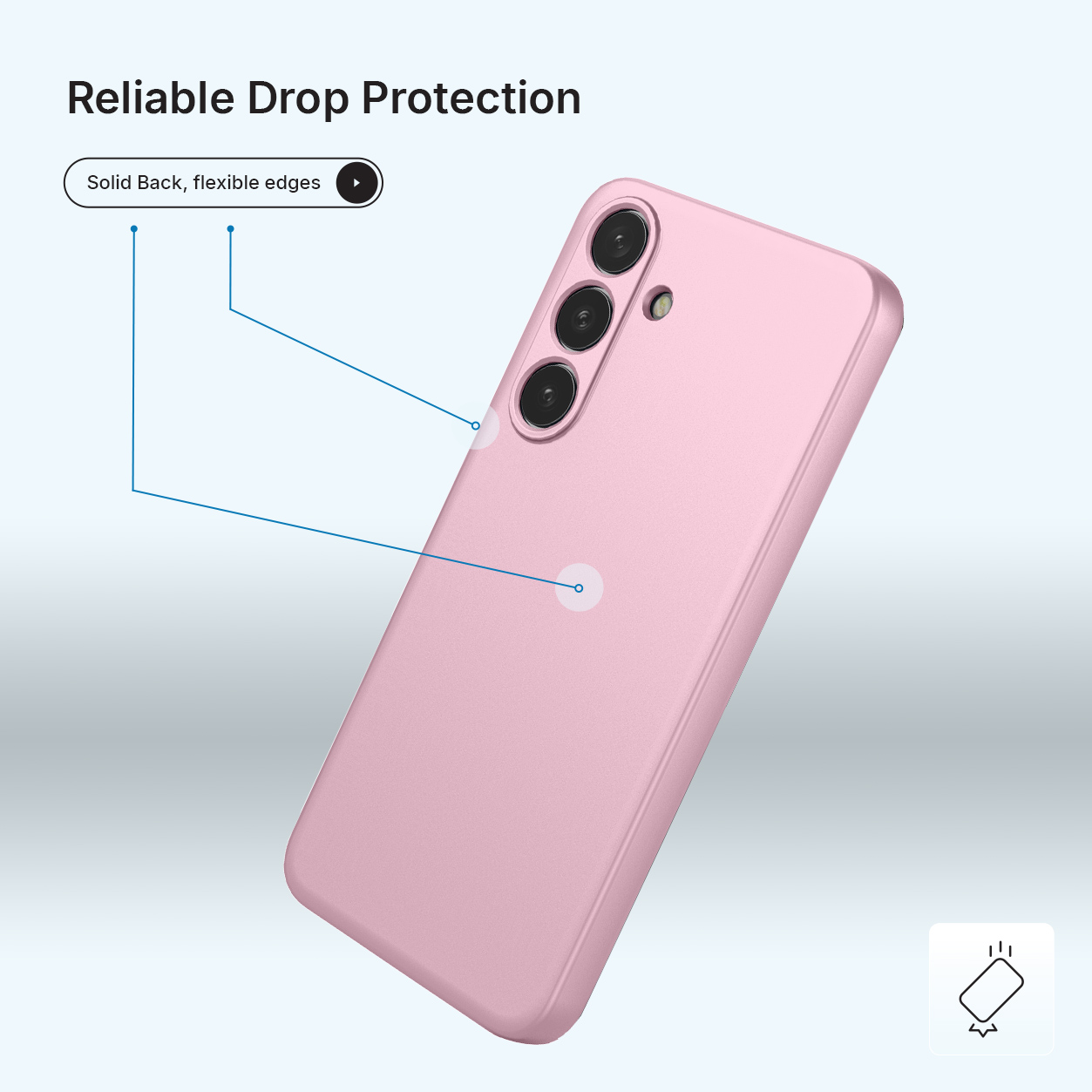 Coque de smartphone rose avec triple appareil photo et texte sur la protection anti-chute.